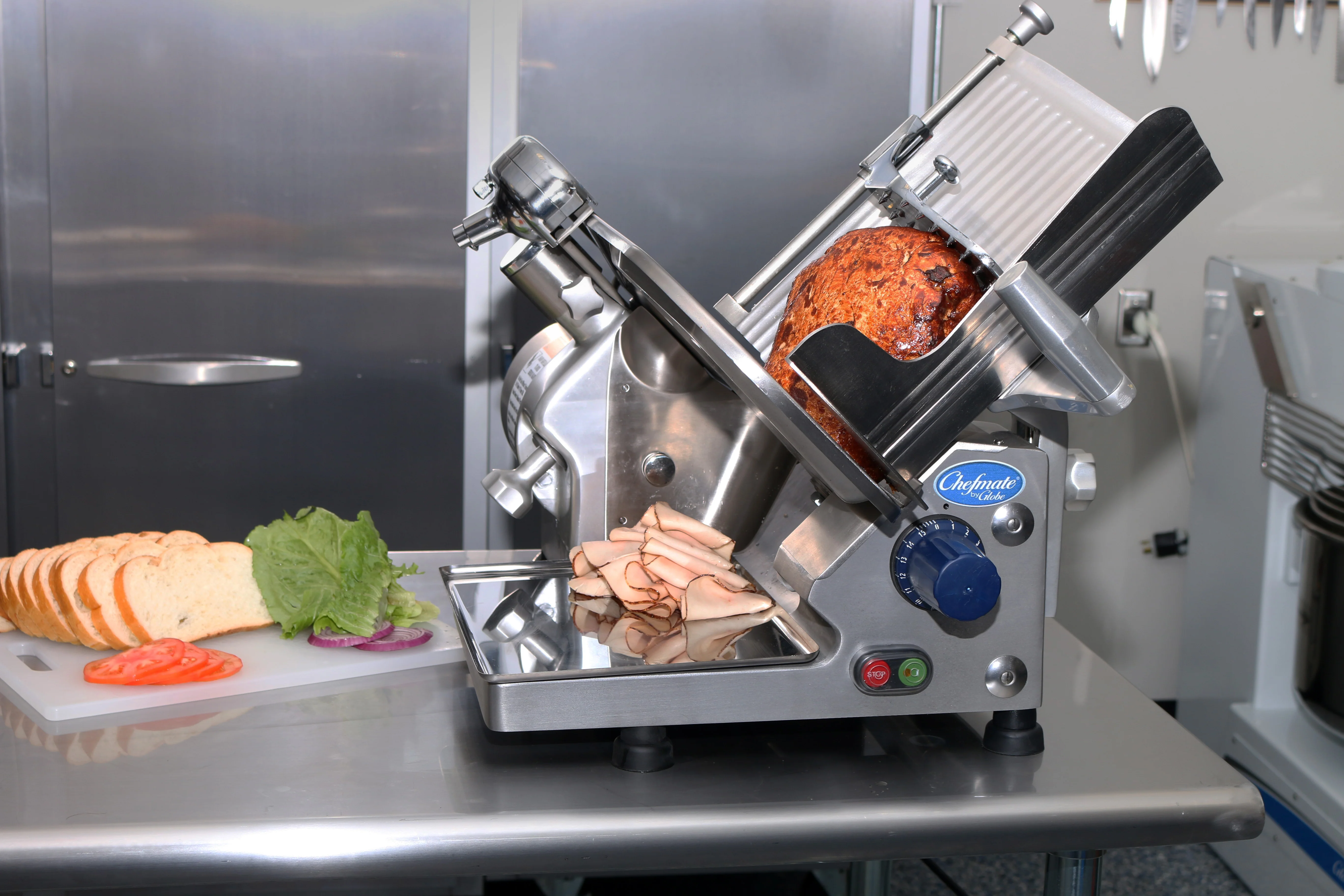 Globe GC512 12 Inch Diameter Electric Food Slicer Stainless Steel and Aluminum with Top Mounted Removable Sharpener Globe GC512 12 Inch Diameter Electric Food Slicer Stainless Steel and Aluminum with Top Mounted Removable Sharpener