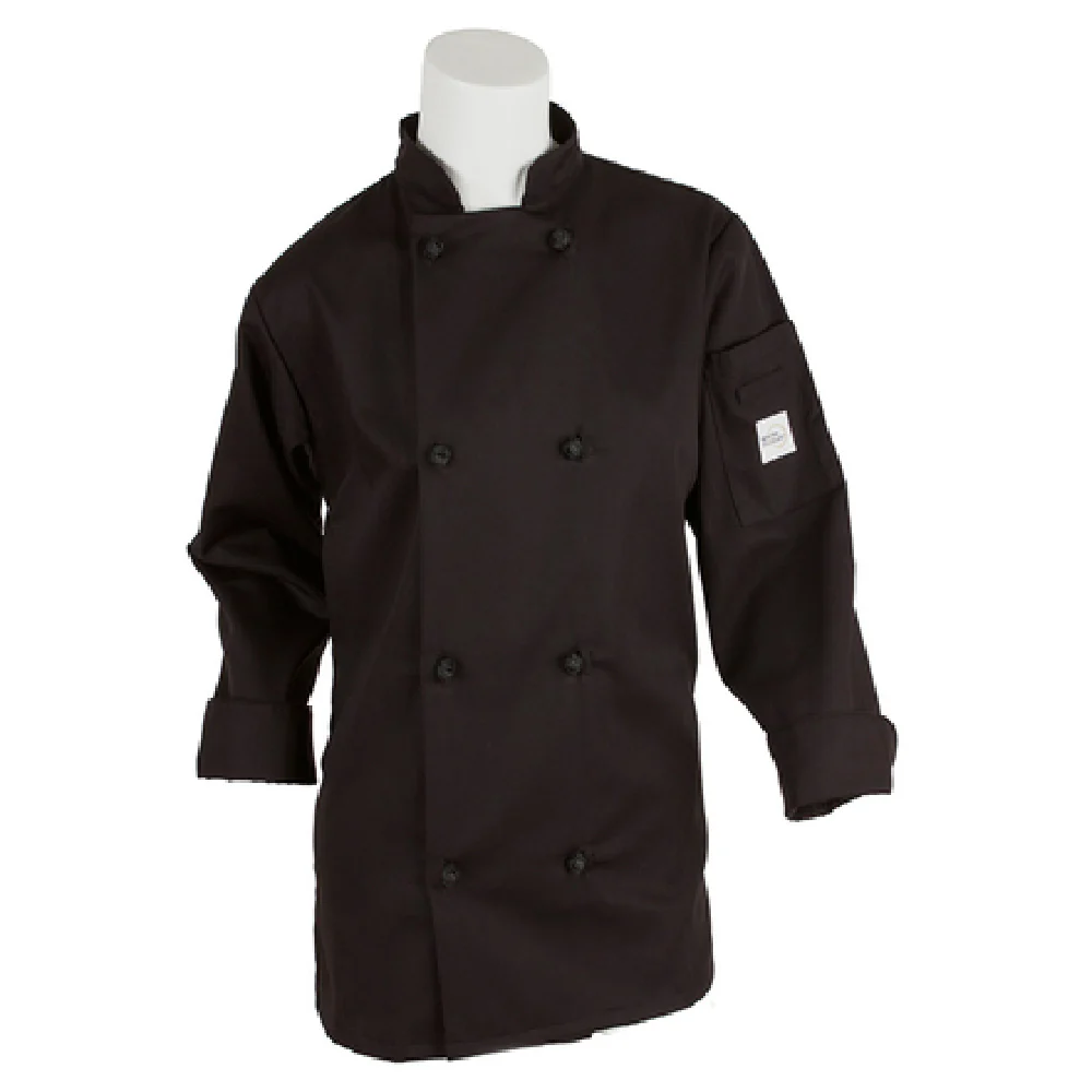 Mercer Culinary M60022BKXXS XXSmall Women's Chef's Coat Black Cotton Poly Twill with Shoulder Pocket Mercer Culinary M60022BKXXS XXSmall Women's Chef's Coat Black Cotton Poly Twill with Shoulder Pocket
