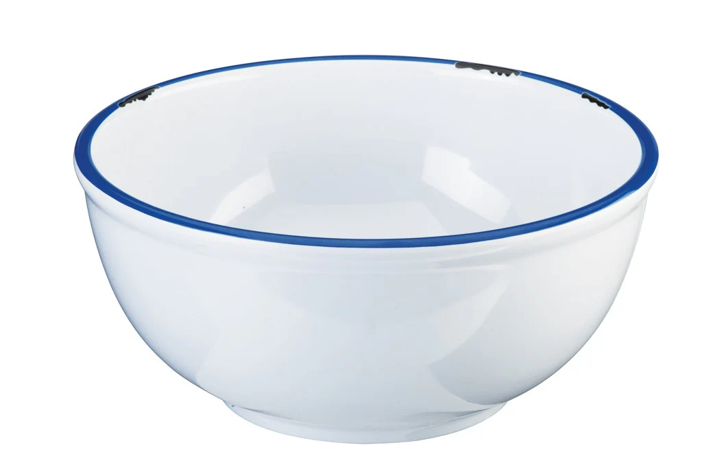 Cal Mil 3343-8-15 8-1/4 Inch Round Bowl Dishwasher Safe Melamine White with Blue Rim Cal Mil 3343-8-15 8-1/4 Inch Round Bowl Dishwasher Safe Melamine White with Blue Rim