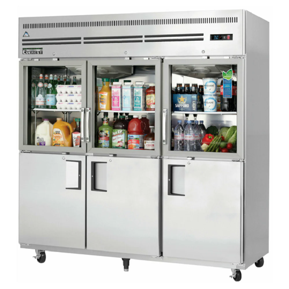 Everest Refrigeration EGSH6 74 Inch Reach-In Refrigerator 71 cu ft Three-section Stainless Steel with Self-closing Half Doors Everest Refrigeration EGSH6 74 Inch Reach-In Refrigerator 71 cu ft Three-section Stainless Steel with Self-closing Half Doors