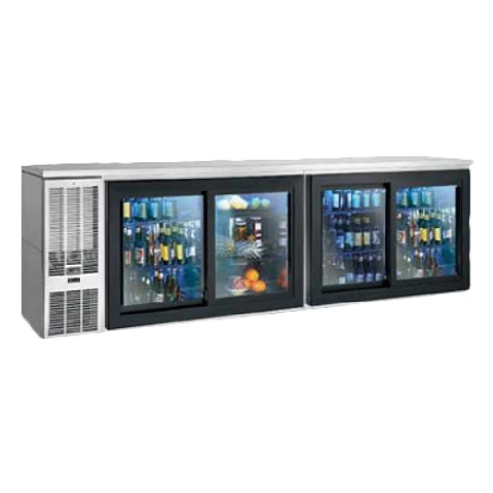 Perlick SDBS108 108 Inch Four-section Sliding Door Refrigerated Back Bar Cabinet Stainless Steel 30.9 cu ft