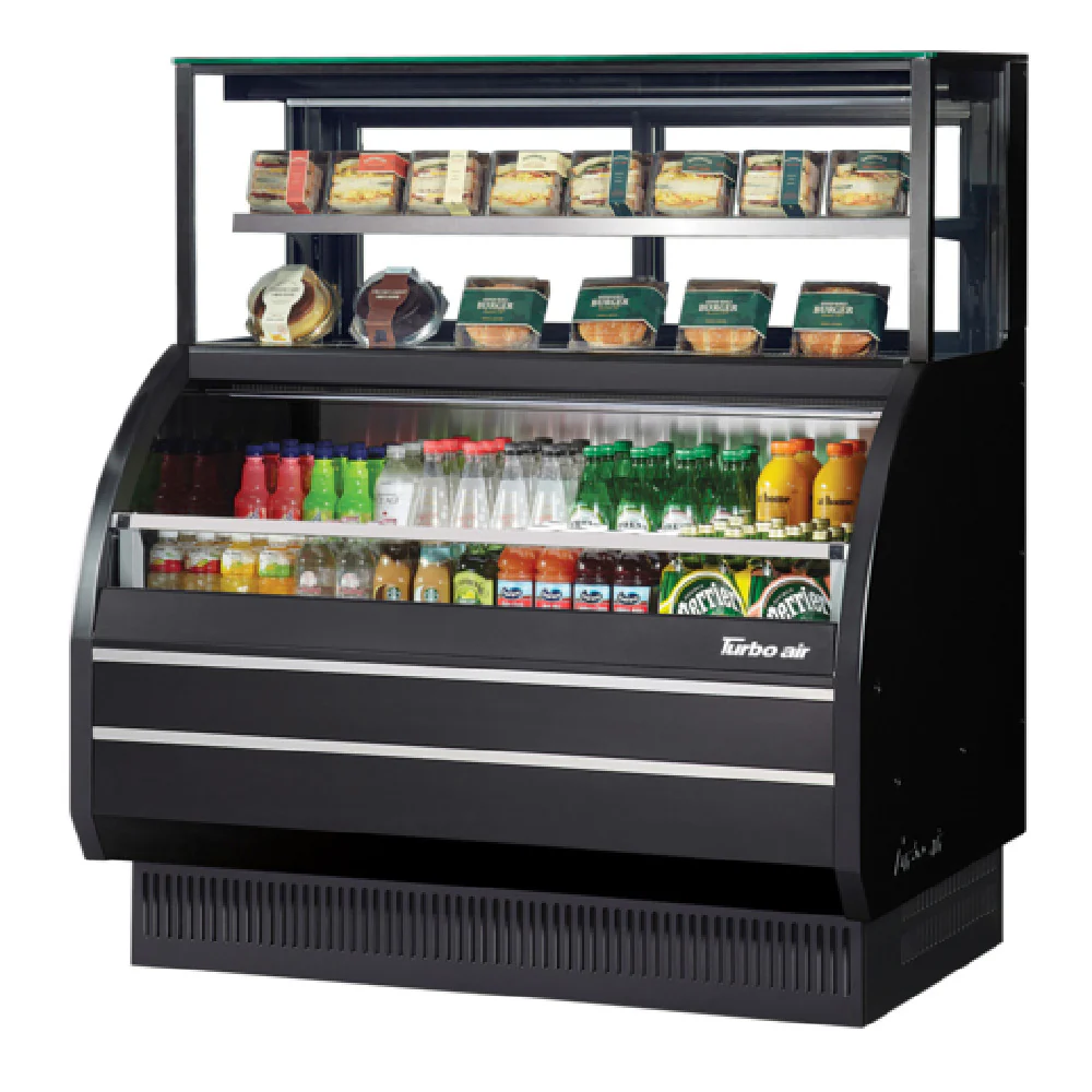 Turbo Air TOM-W-50SB-UF-N 50 Inch Open Display Merchandiser With Refrigerated Top Shelf 8.5 cu ft Stainless Steel Interior Black Finish