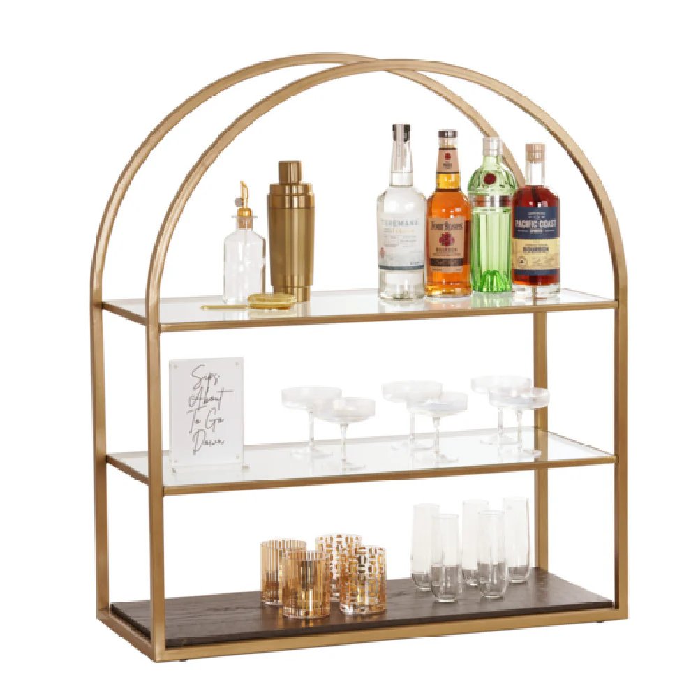 Cal Mil 22904-112 33-1/2 Inch Merchandiser 3 Tiers Arched Frame Gold and Dark Wood Cal Mil 22904-112 33-1/2 Inch Merchandiser 3 Tiers Arched Frame Gold and Dark Wood