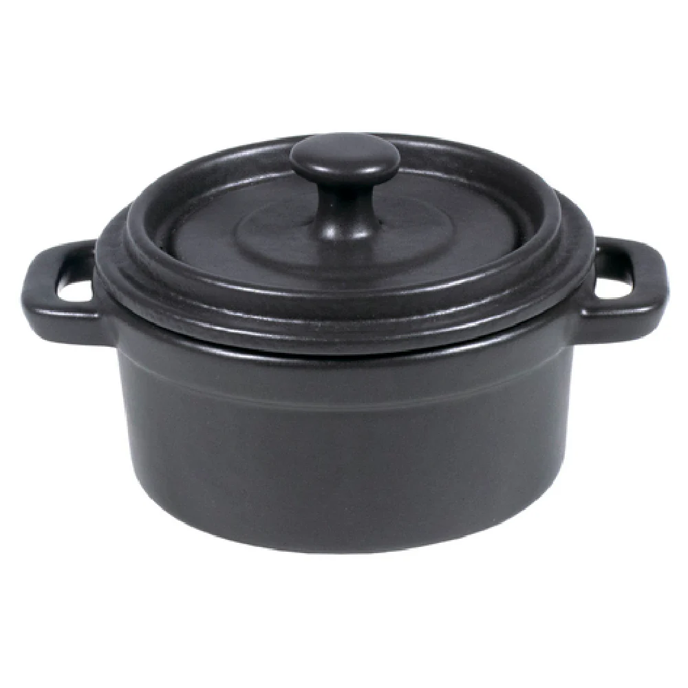 Vertex China OB-CP4 6 Oz Casserole Pot with Lid and Handles Porcelain Matte Black