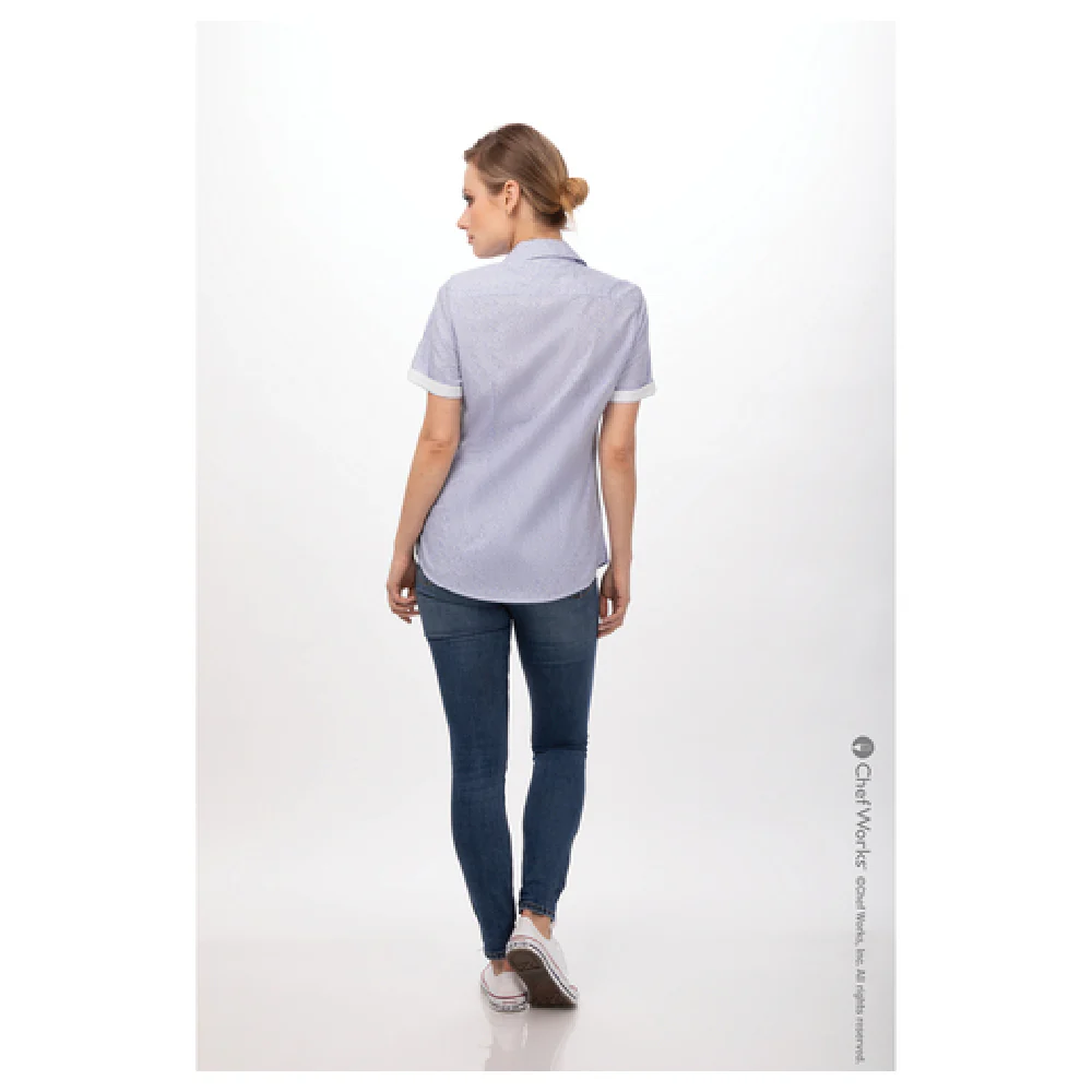 Chef Works SHC07WBLUXL Women's Shirt XL Contrast Fabric Blue PolyCotton Chef Works SHC07WBLUXL Women's Shirt XL Contrast Fabric Blue PolyCotton