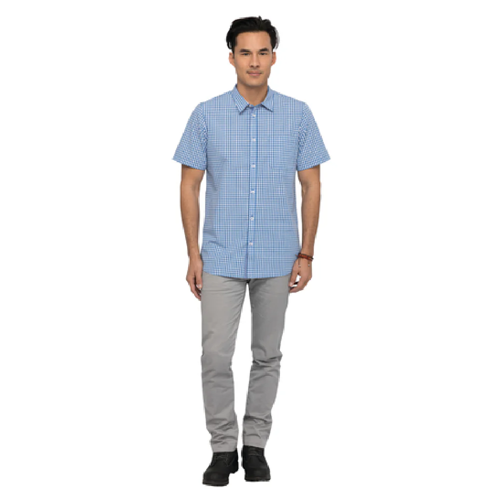 Chef Works SHC02-BLU-S Cook's Shirt Short Sleeve Contrast Fabric Blue