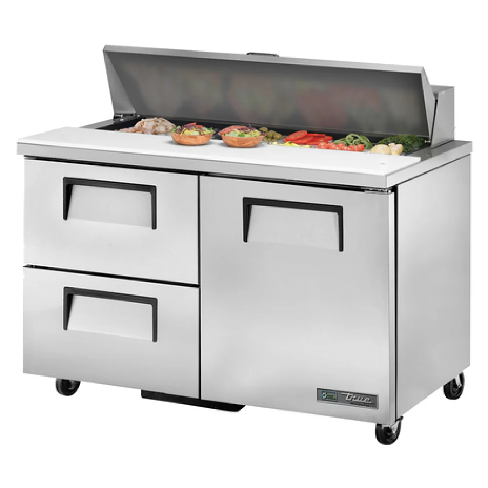 True Refrigeration TSSU-48-12D-2-HC_LH 48 Inch Sandwich Salad Unit 2 Section Stainless Steel with Door and Drawers