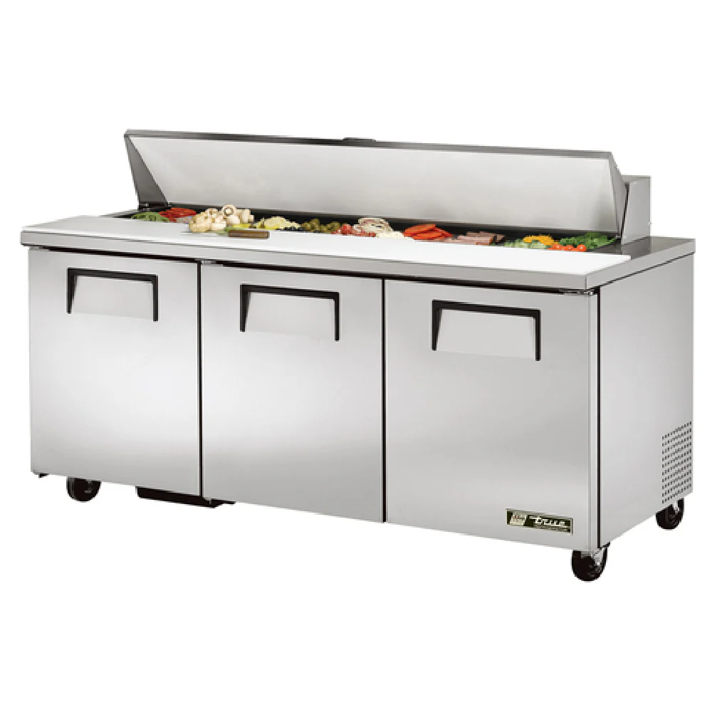 True Refrigeration TSSU-72-18-HC 72 Inch Refrigerated Counter Sandwich Salad Unit with Stainless Steel Insulated Cover and Cutting Board
