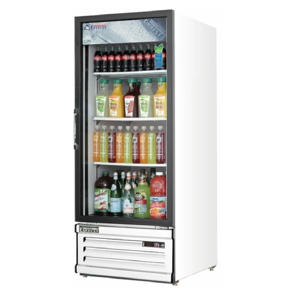 Everest Refrigeration EMGR10 24 Inch Reach-In Glass Door Merchandiser Refrigerator with White Coated Steel and Stainless Steel Floor Everest Refrigeration EMGR10 24 Inch Reach-In Glass Door Merchandiser Refrigerator with White Coated Steel and Stainless Steel Floor