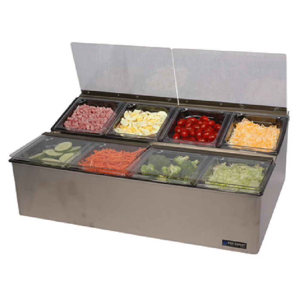 San Jamar FP9248FL 25 Inch EZ-Chill Food Prep Center with 8 Pans Stainless Steel San Jamar FP9248FL 25 Inch EZ-Chill Food Prep Center with 8 Pans Stainless Steel