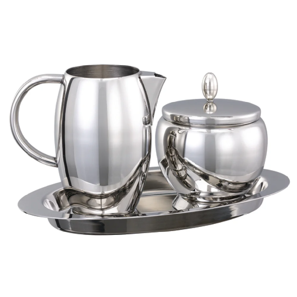 Service Ideas STCCRSGTRC 7-1/2 Inch Creamer and Sugar Tray Set Stainless Steel with Lid