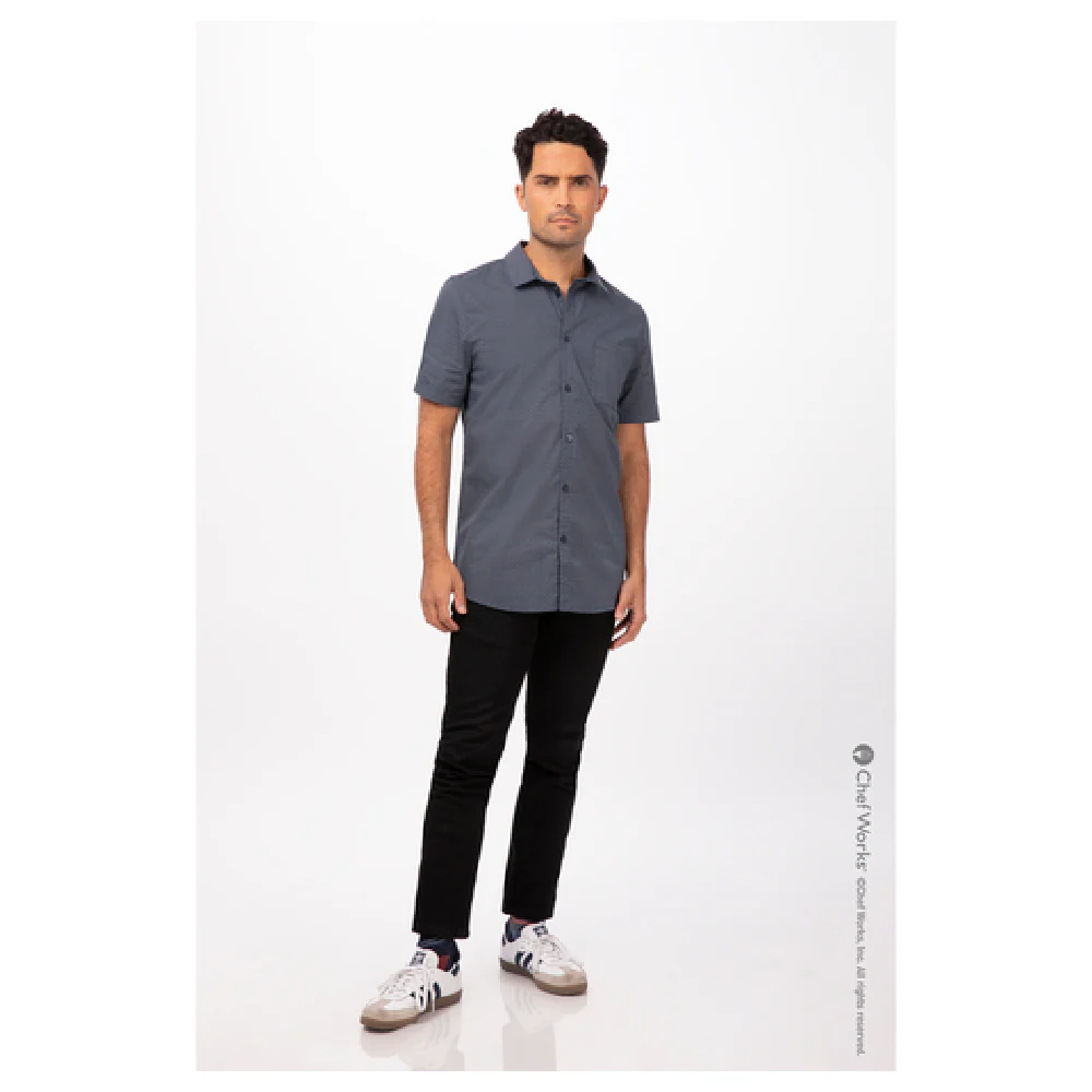 Chef Works SHC09NAVM Cook's Shirt Men's Malibu Shirt Short Sleeve Navy Poly-Cotton