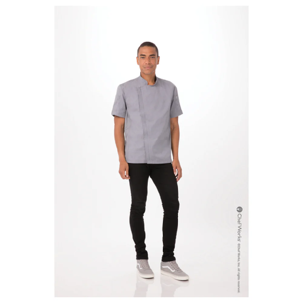 Chef Works BCSZ009-GRY-4XL Chef Coat 4XL Short Sleeve Gray with Pockets and Zipper Chef Works BCSZ009-GRY-4XL Chef Coat 4XL Short Sleeve Gray with Pockets and Zipper
