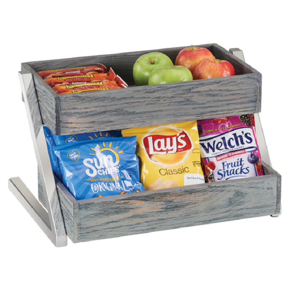 Cal Mil 3449-2-83 16 Inch Oak Wood Gray Wash 2 Tier Display Stand Metal Frame