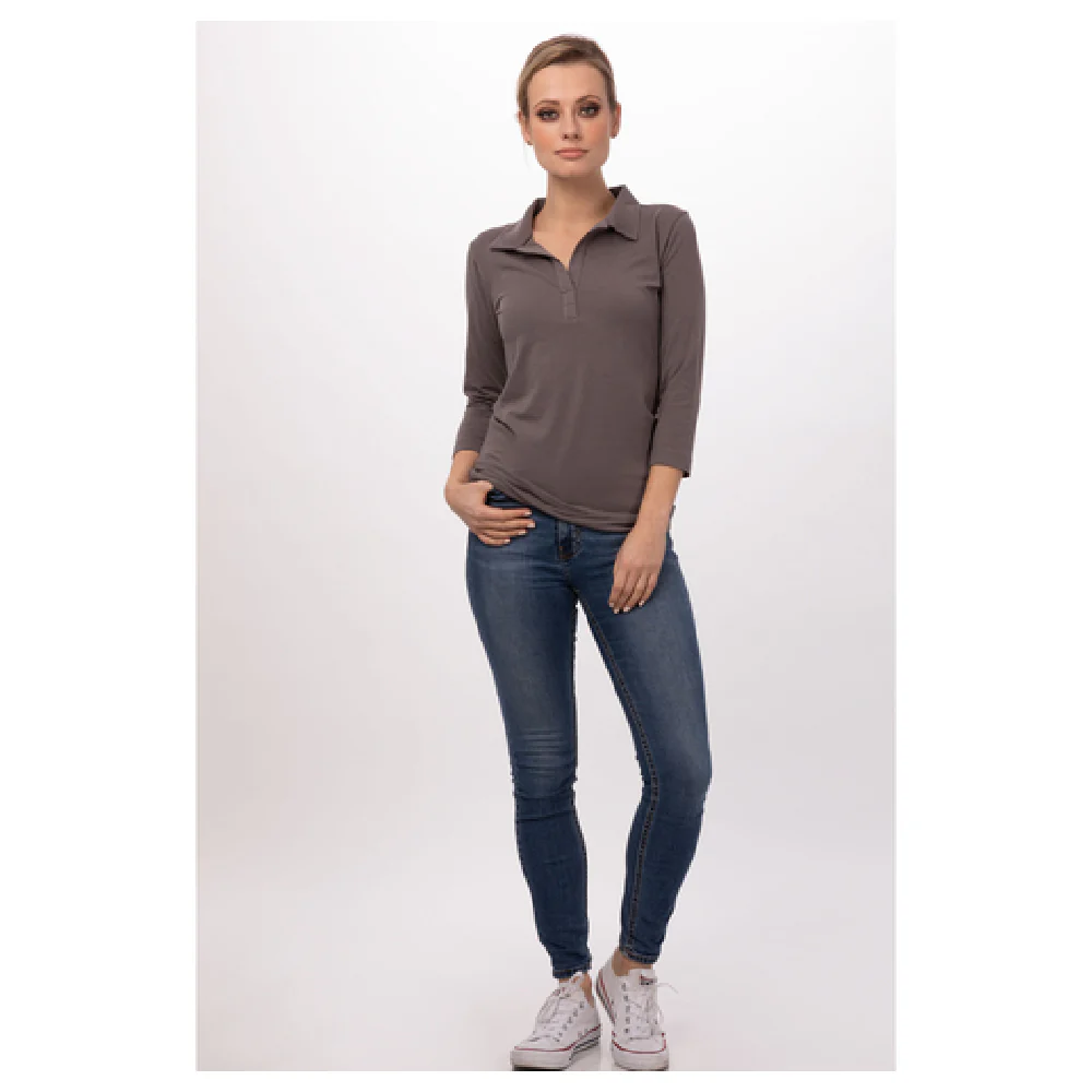 Chef Works TSWOMSHL Women's Large 3/4 Sleeve V-neck Polo in Mushroom Cotton Blend Chef Works TSWOMSHL Women's Large 3/4 Sleeve V-neck Polo in Mushroom Cotton Blend