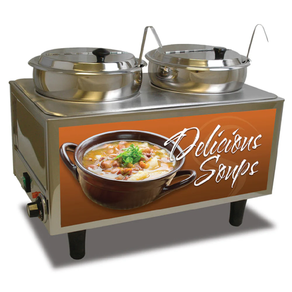 Winco 51072S 21 Inch Dual 7 Quart Soup Station Warmer with Hinged Inset Lids