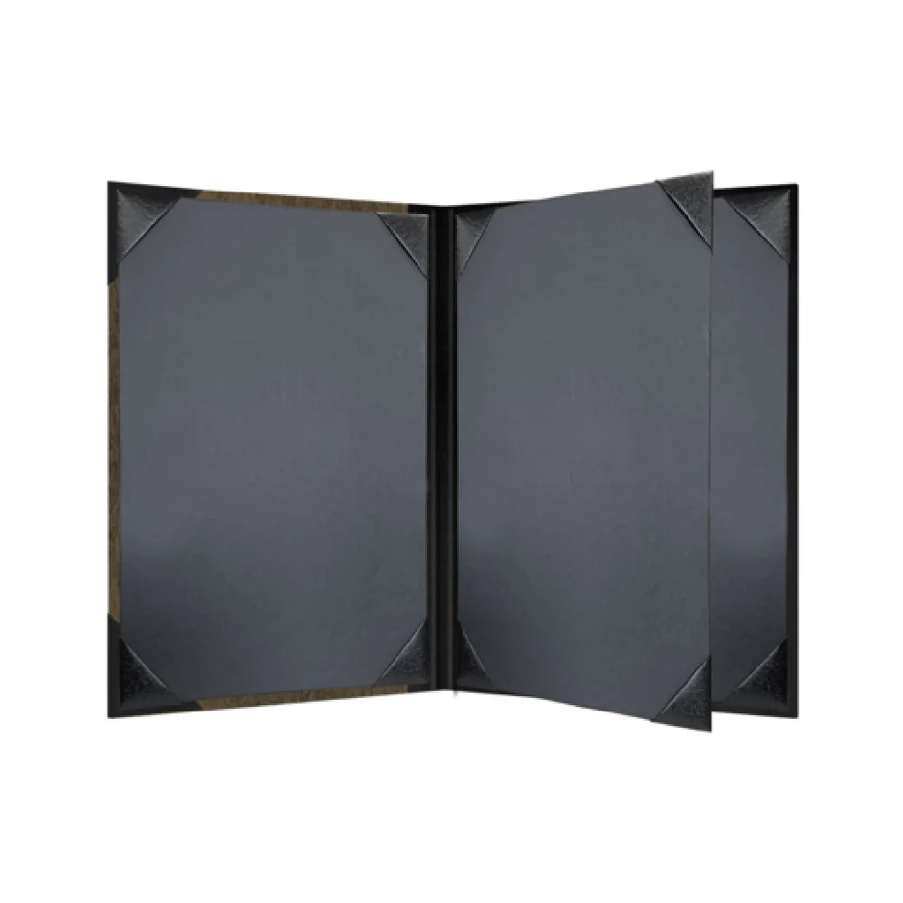 Risch WOOD-4V 5.5X8.5 Menu Cover 5-1/2 Inch Wood and Tuxedo Leather Booklet Risch WOOD-4V 5.5X8.5 Menu Cover 5-1/2 Inch Wood and Tuxedo Leather Booklet