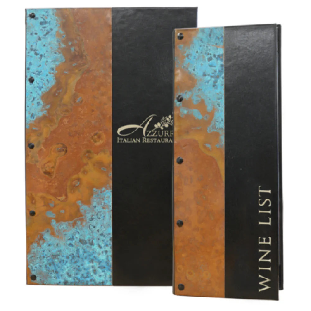 Risch VENETIAN-3V 4.25X11 Menu Cover 4-1/4 Inch Fold-out Leather Patina Copper Risch VENETIAN-3V 4.25X11 Menu Cover 4-1/4 Inch Fold-out Leather Patina Copper
