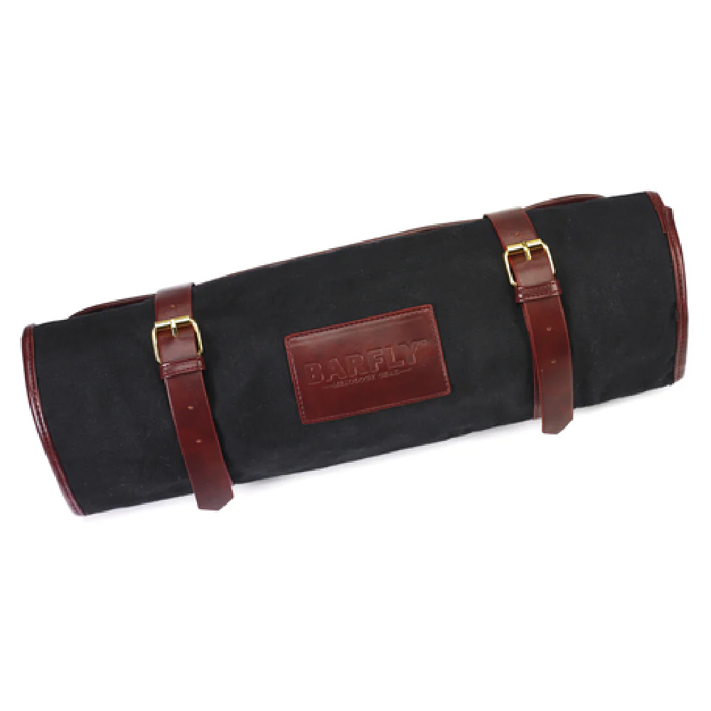 Mercer Culinary M30930 Barfly Mixology Gear Roll Waxed Canvas with Leather Accents Black