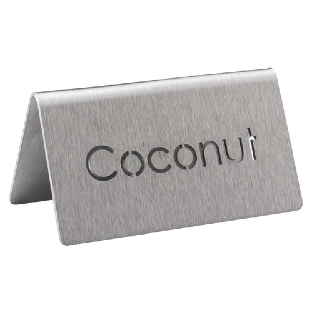 Service Ideas 1C-BF-COCONUT-MOD 3 Inch Beverage ID Tent 18/8 stainless steel with Coconut label Service Ideas 1C-BF-COCONUT-MOD 3 Inch Beverage ID Tent 18/8 stainless steel with Coconut label