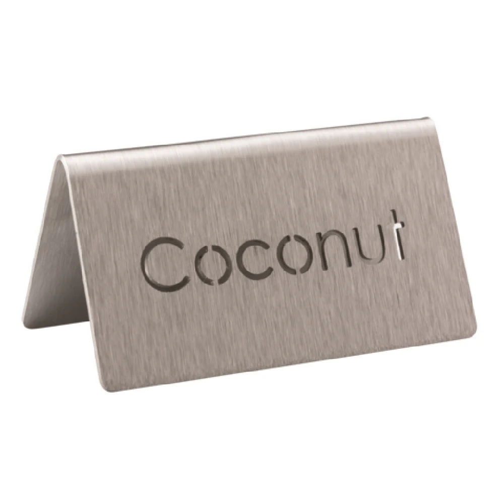 Service Ideas 1C-BF-COCONUT-MOD 3 Inch Beverage ID Tent 18/8 stainless steel with Coconut label Service Ideas 1C-BF-COCONUT-MOD 3 Inch Beverage ID Tent 18/8 stainless steel with Coconut label