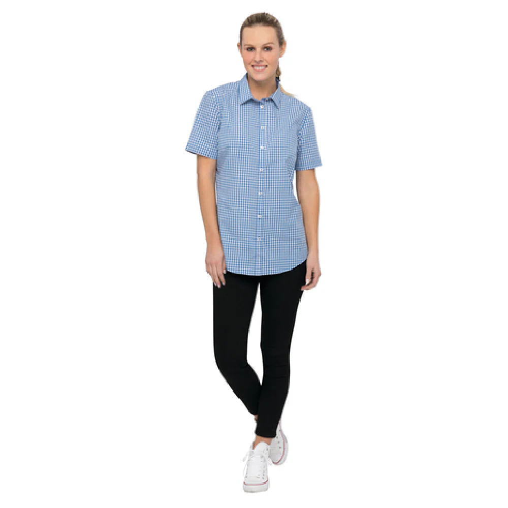 Chef Works SHC02W-BLU-XS Cook's Shirt Short Sleeve Contrast Band Blue Poly/Cotton