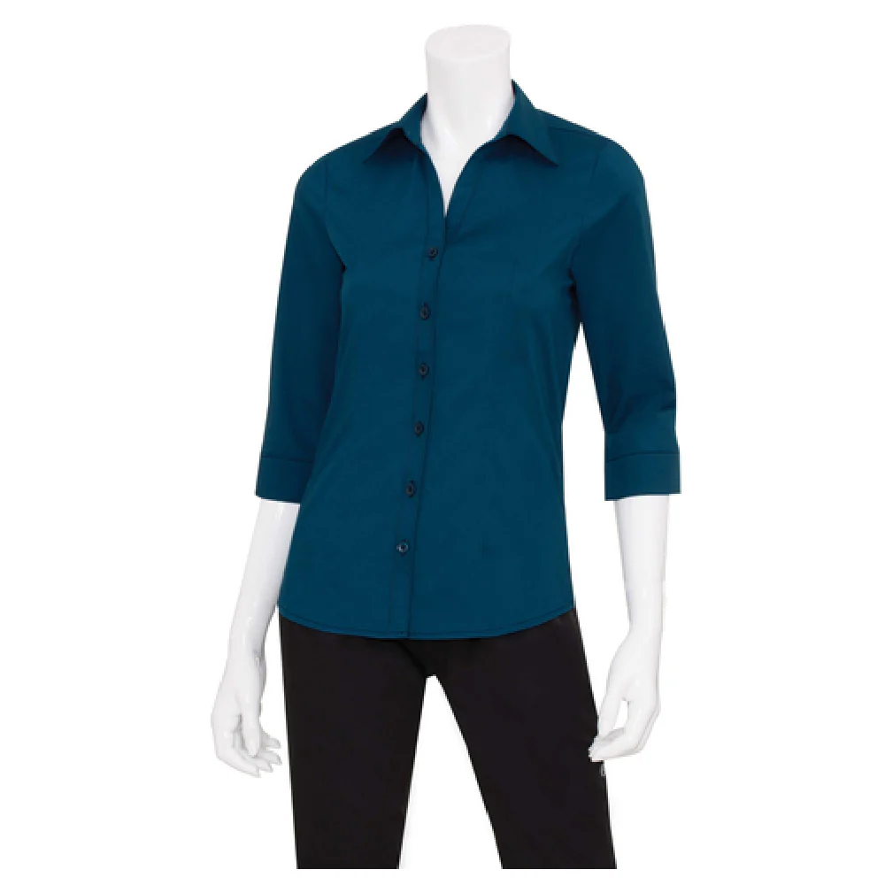 Chef Works WA34-BLU-M Women's Finesse Shirt 3/4 Sleeve Fitted Blue Poly Cotton