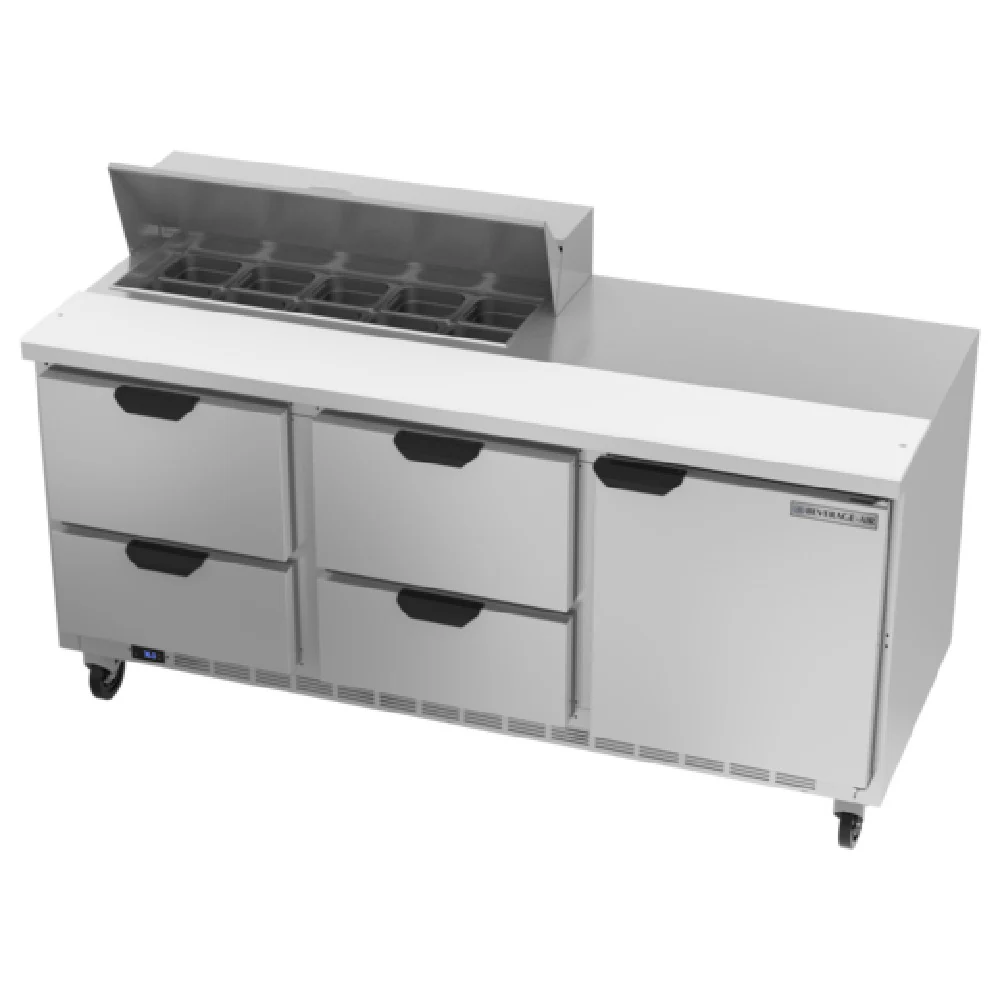 Beverage Air SPED72HC-10-4 72 Inch Sandwich Top Refrigerated Counter 20 cu ft 3 Section with Drawers and Shelves Beverage Air SPED72HC-10-4 72 Inch Sandwich Top Refrigerated Counter 20 cu ft 3 Section with Drawers and Shelves