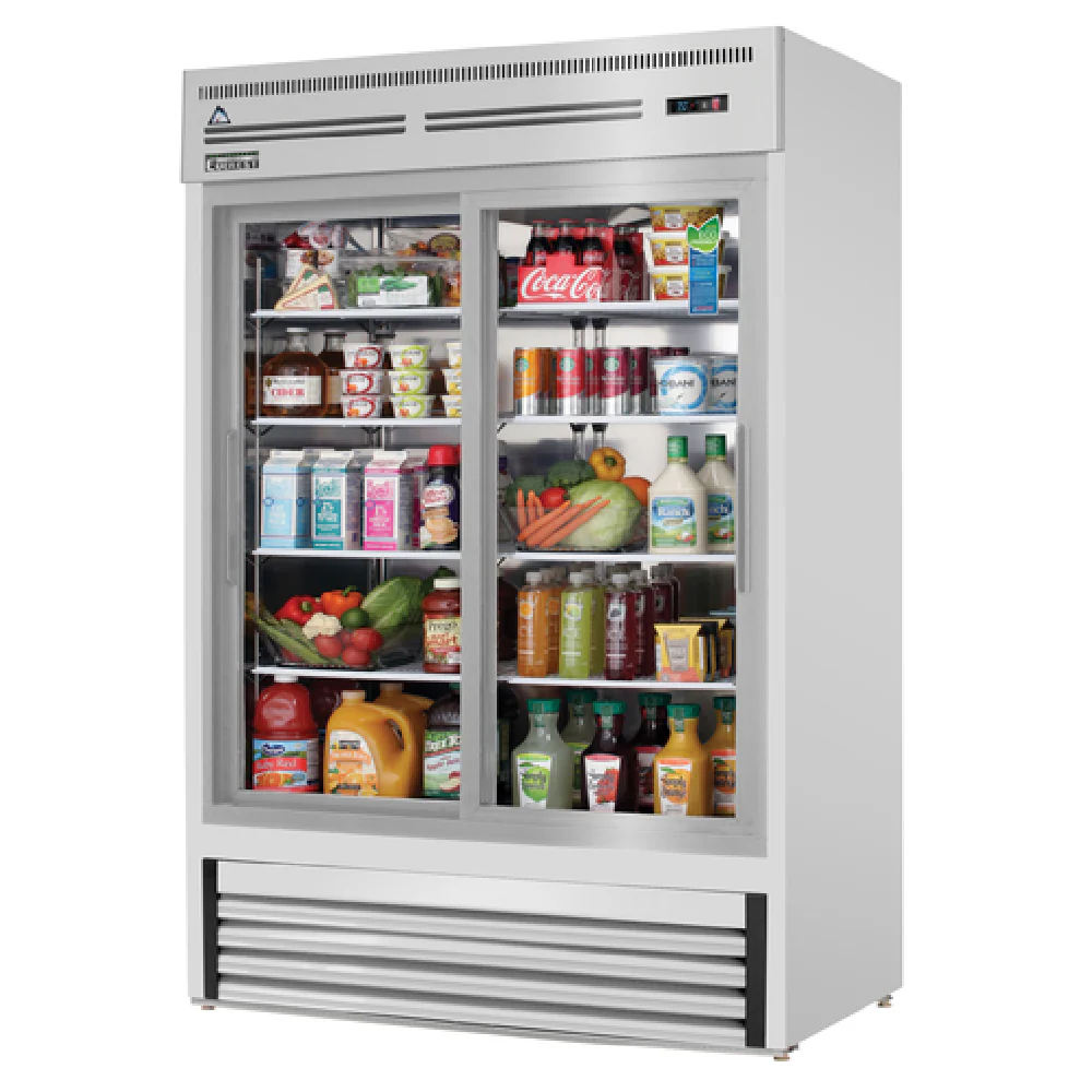 Everest Refrigeration EMGR48-SS 53 Inch Reach-In Glass Door Merchandiser Refrigerator with Two Sliding Doors Everest Refrigeration EMGR48-SS 53 Inch Reach-In Glass Door Merchandiser Refrigerator with Two Sliding Doors