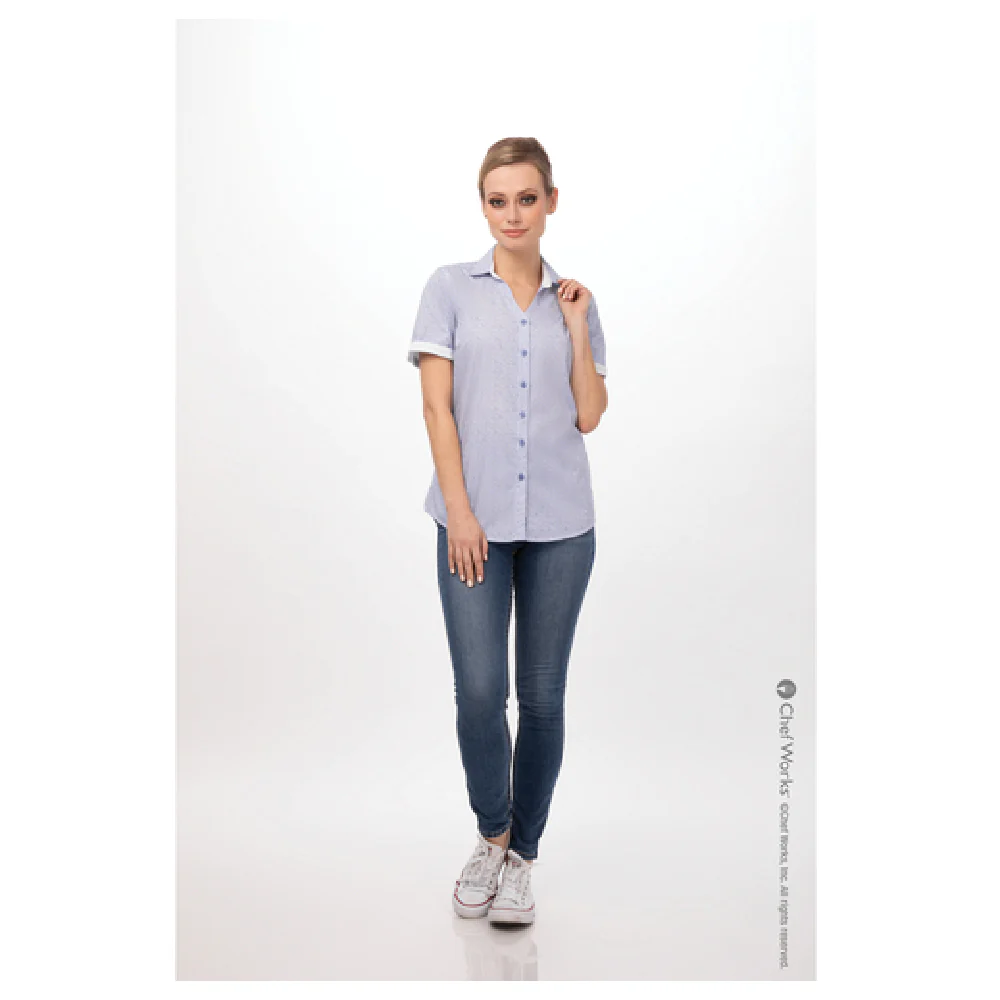 Chef Works SHC07W-BLU-XS Cook's Shirt Women's Short Sleeve Blue with Pocket and Darts Chef Works SHC07W-BLU-XS Cook's Shirt Women's Short Sleeve Blue with Pocket and Darts