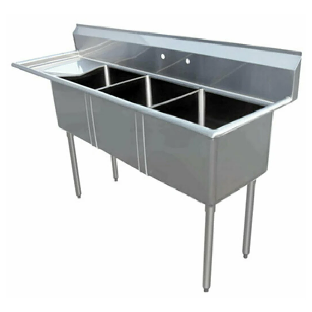 Omcan 43787 24 Inch Three Compartment Sink 18 Gauge Stainless Steel with Center Drains