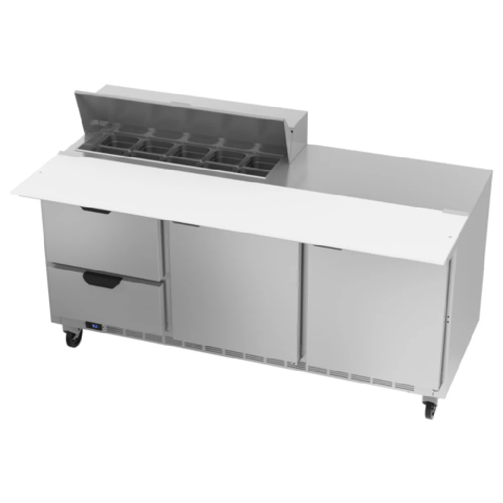 Beverage Air SPED72HC-10C-2 72 Inch Sandwich Top Refrigerated Counter 20 cu ft 3 Section Stainless Steel with 2 Drawers 4 Shelves Beverage Air SPED72HC-10C-2 72 Inch Sandwich Top Refrigerated Counter 20 cu ft 3 Section Stainless Steel with 2 Drawers 4 Shelves
