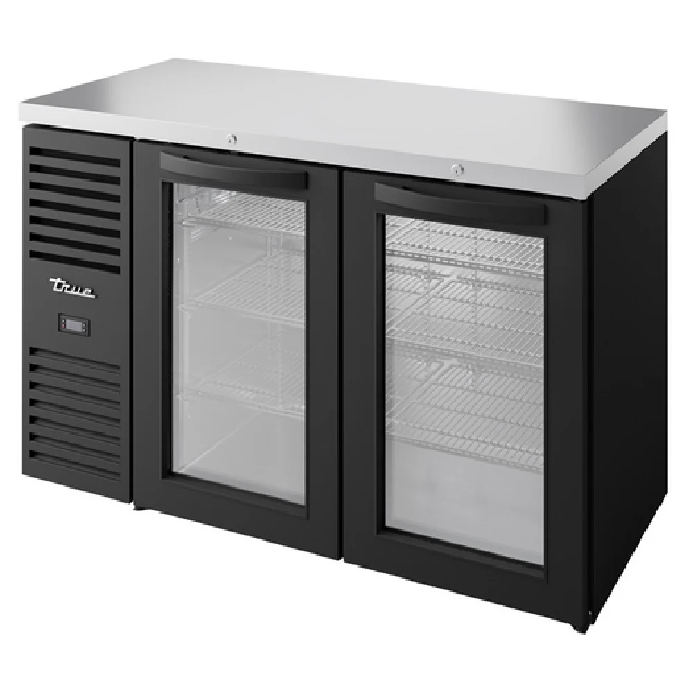 True Refrigeration TBR52-RISZ1-L-B-GG-1 52 Inch Refrigerated Back Bar Cooler Two-section Black Powder Coated Stainless Steel with LED Lighting
