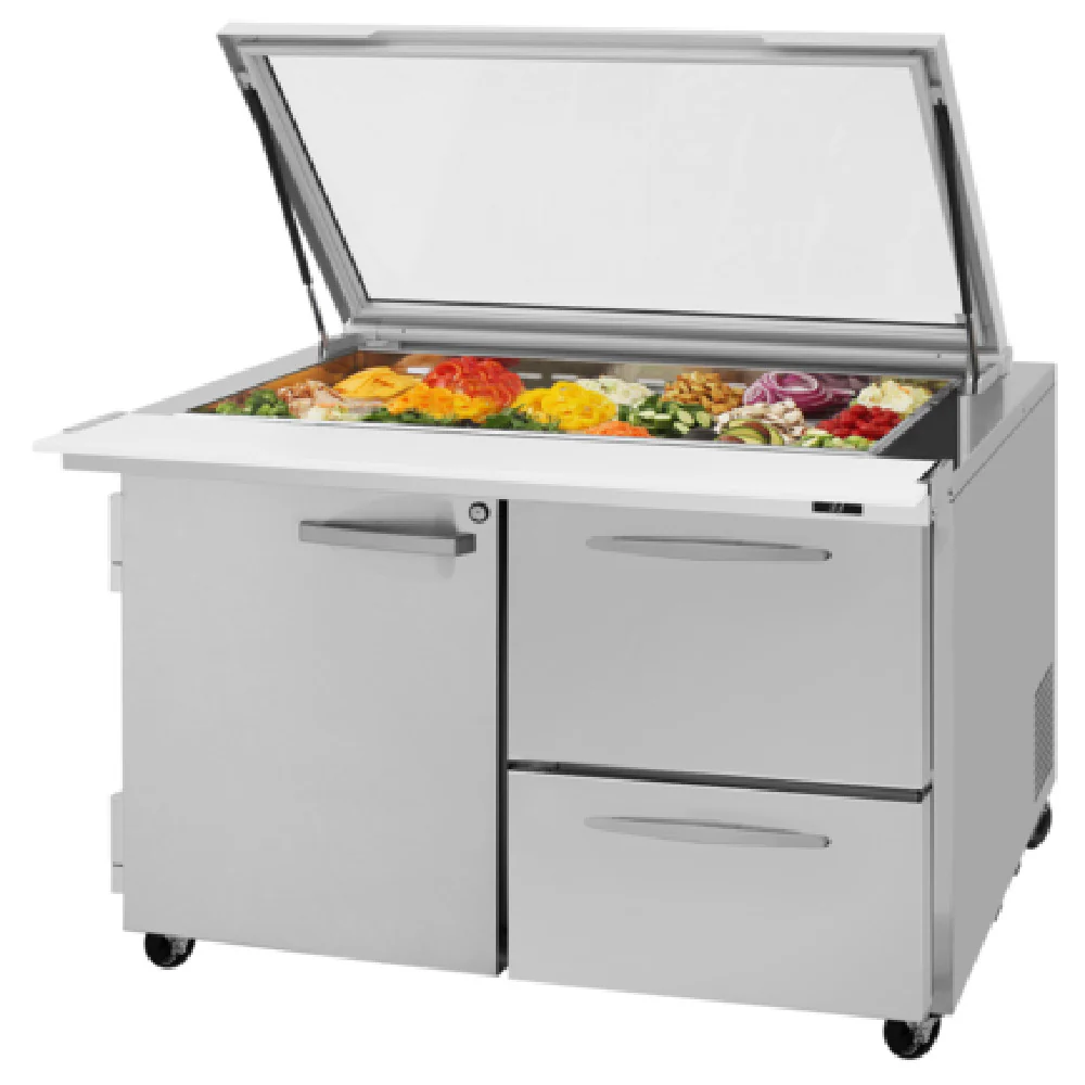 Turbo Air PST-48-18-D2R(L)-N-GL 48 Inch Two Section 15.0 cu ft Stainless Steel Prep Table with Glass Lid Turbo Air PST-48-18-D2R(L)-N-GL 48 Inch Two Section 15.0 cu ft Stainless Steel Prep Table with Glass Lid