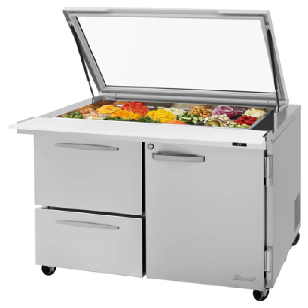 Turbo Air PST-48-18-D2R(L)-N-GL 48 Inch Two Section 15.0 cu ft Stainless Steel Prep Table with Glass Lid Turbo Air PST-48-18-D2R(L)-N-GL 48 Inch Two Section 15.0 cu ft Stainless Steel Prep Table with Glass Lid
