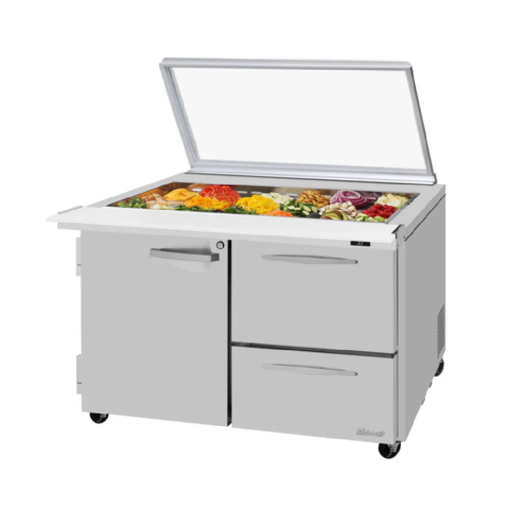 Turbo Air PST-48-18-D2R(L)-N-GL 48 Inch Two Section 15.0 cu ft Stainless Steel Prep Table with Glass Lid Turbo Air PST-48-18-D2R(L)-N-GL 48 Inch Two Section 15.0 cu ft Stainless Steel Prep Table with Glass Lid