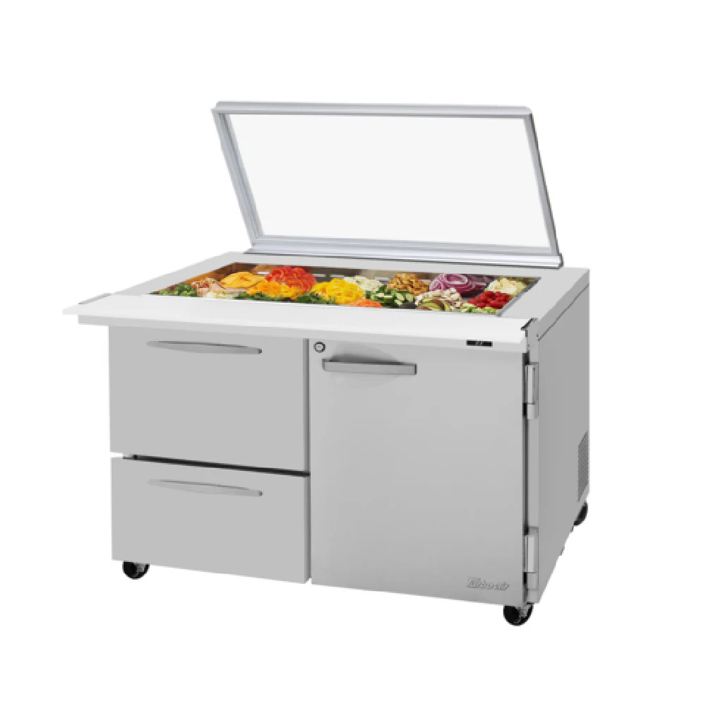 Turbo Air PST-48-18-D2R(L)-N-GL 48 Inch Two Section 15.0 cu ft Stainless Steel Prep Table with Glass Lid Turbo Air PST-48-18-D2R(L)-N-GL 48 Inch Two Section 15.0 cu ft Stainless Steel Prep Table with Glass Lid
