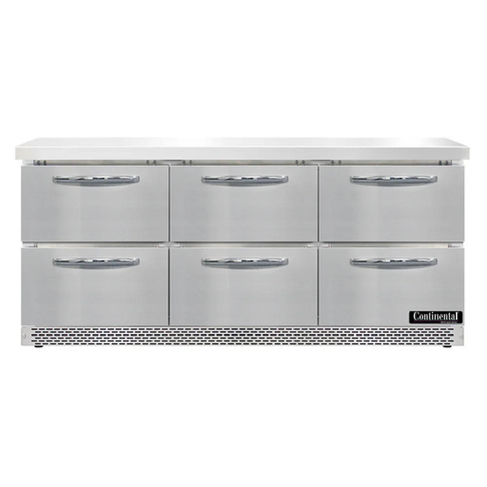Continental Refrigerator SW72N-FB-D 72 Inch Work Top Refrigerator 20.6 cu ft 3 Section with Drawers
