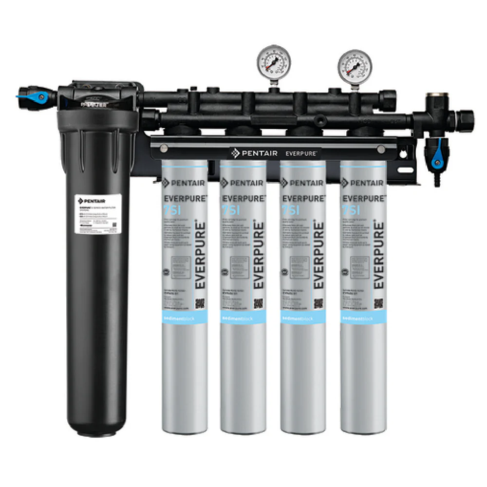Everpure EV932477 29 Inch Water Filtration System Insurice PF Quad-7SI with Inlet and Outlet Pressure Gauges Everpure EV932477 29 Inch Water Filtration System Insurice PF Quad-7SI with Inlet and Outlet Pressure Gauges