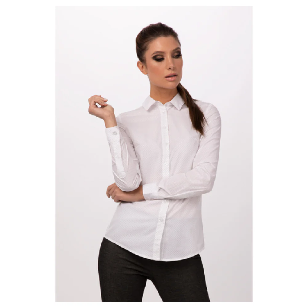 Chef Works SFC01WWHTXS Women's Deco Dress Shirt XS Long Sleeve White Dot Print