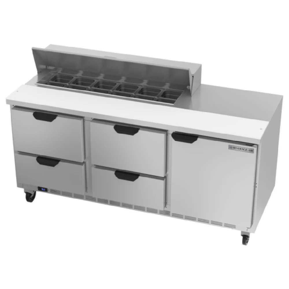 Beverage Air SPED72HC-12-4 72 Inch Sandwich Top Refrigerated Counter 20.0 cu ft 3 Section with Drawers and Shelves Beverage Air SPED72HC-12-4 72 Inch Sandwich Top Refrigerated Counter 20.0 cu ft 3 Section with Drawers and Shelves