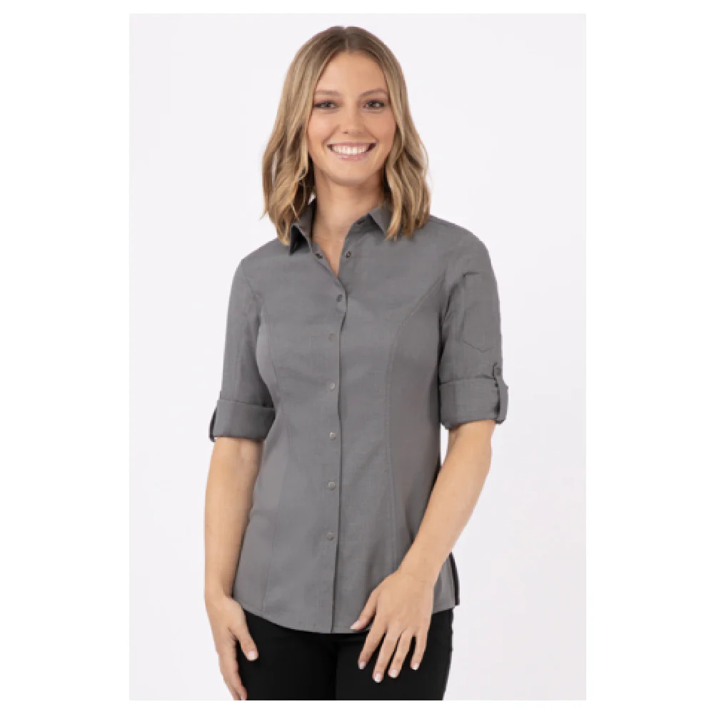 Chef Works SES02W-GRY-XS Cook's Shirt Women's Snap Front Closure Stretch Fabric Gray Chef Works SES02W-GRY-XS Cook's Shirt Women's Snap Front Closure Stretch Fabric Gray