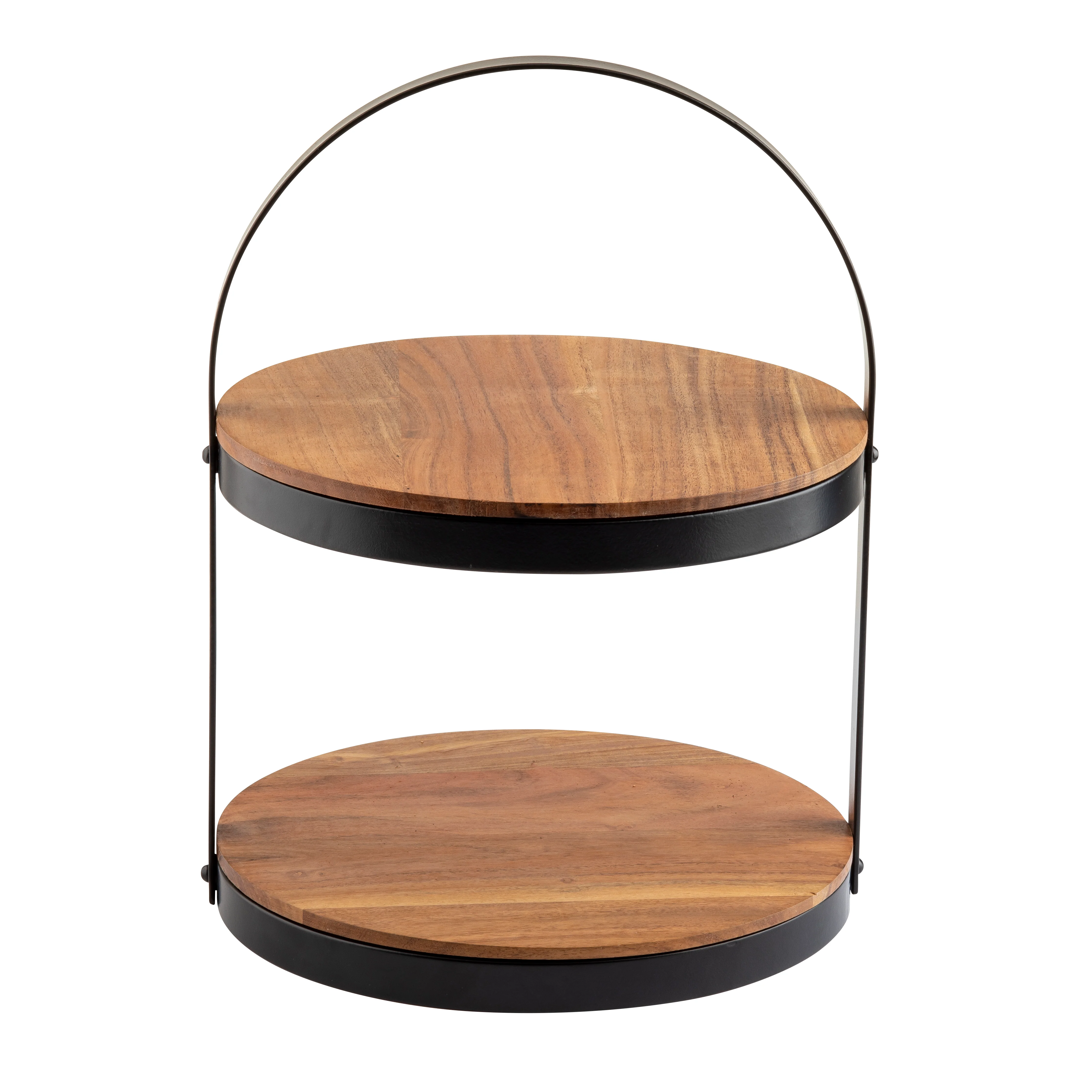 Tablecraft 10719 12 Inch Round Two-Tier Collapsible Display Stand Acacia Wood Black Powder Coated Metal Frame