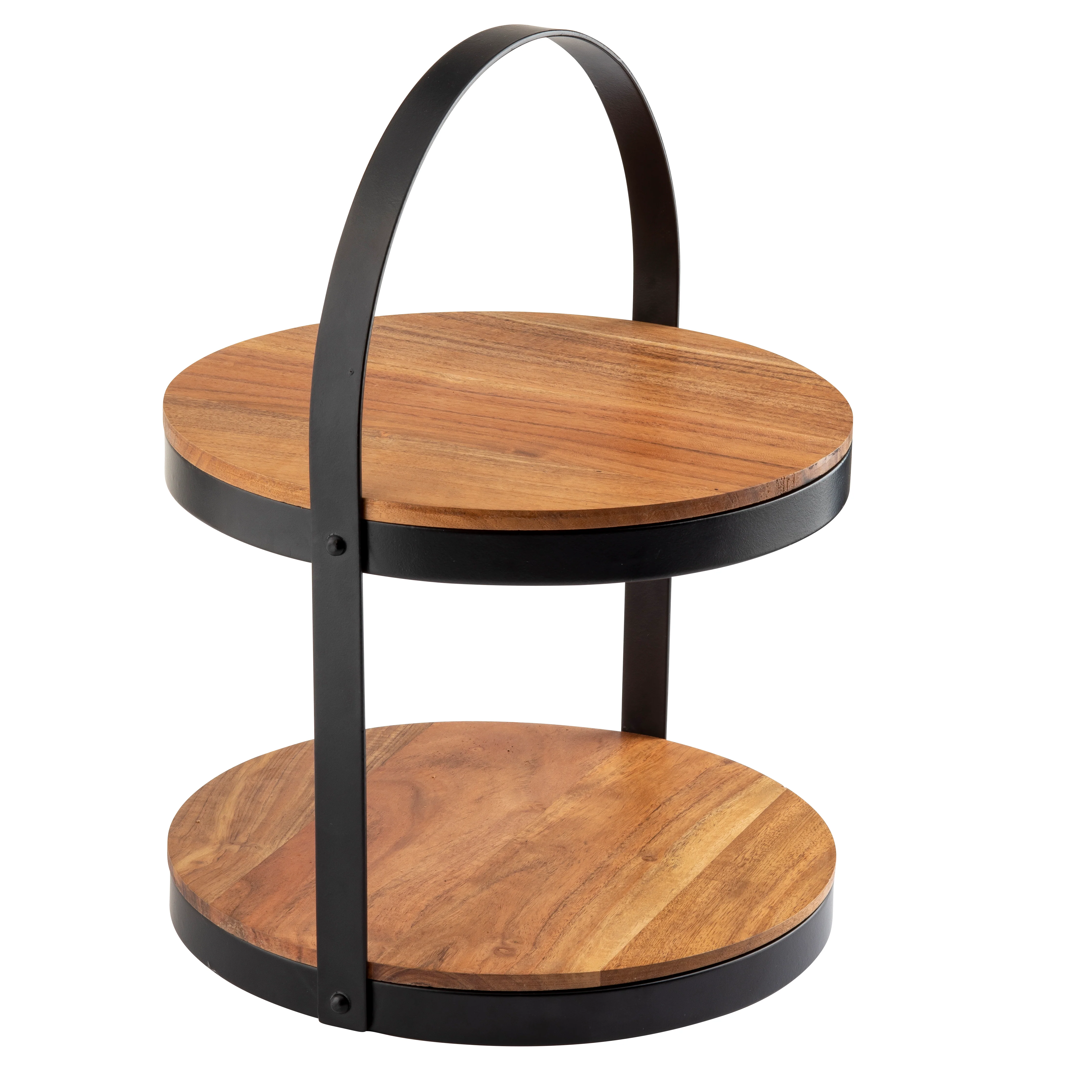 Tablecraft 10719 12 Inch Round Two-Tier Collapsible Display Stand Acacia Wood Black Powder Coated Metal Frame Tablecraft 10719 12 Inch Round Two-Tier Collapsible Display Stand Acacia Wood Black Powder Coated Metal Frame