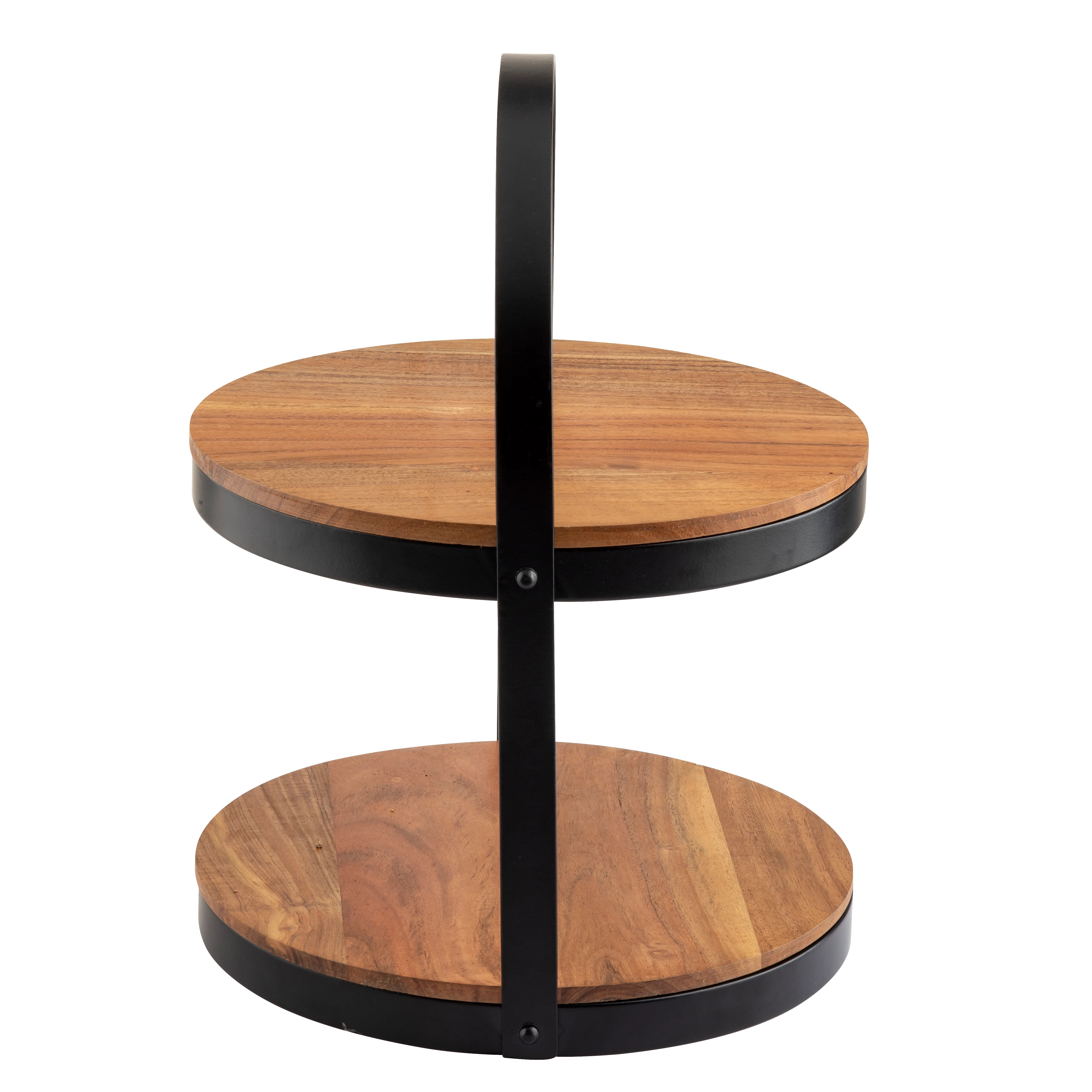 Tablecraft 10719 12 Inch Round Two-Tier Collapsible Display Stand Acacia Wood Black Powder Coated Metal Frame Tablecraft 10719 12 Inch Round Two-Tier Collapsible Display Stand Acacia Wood Black Powder Coated Metal Frame