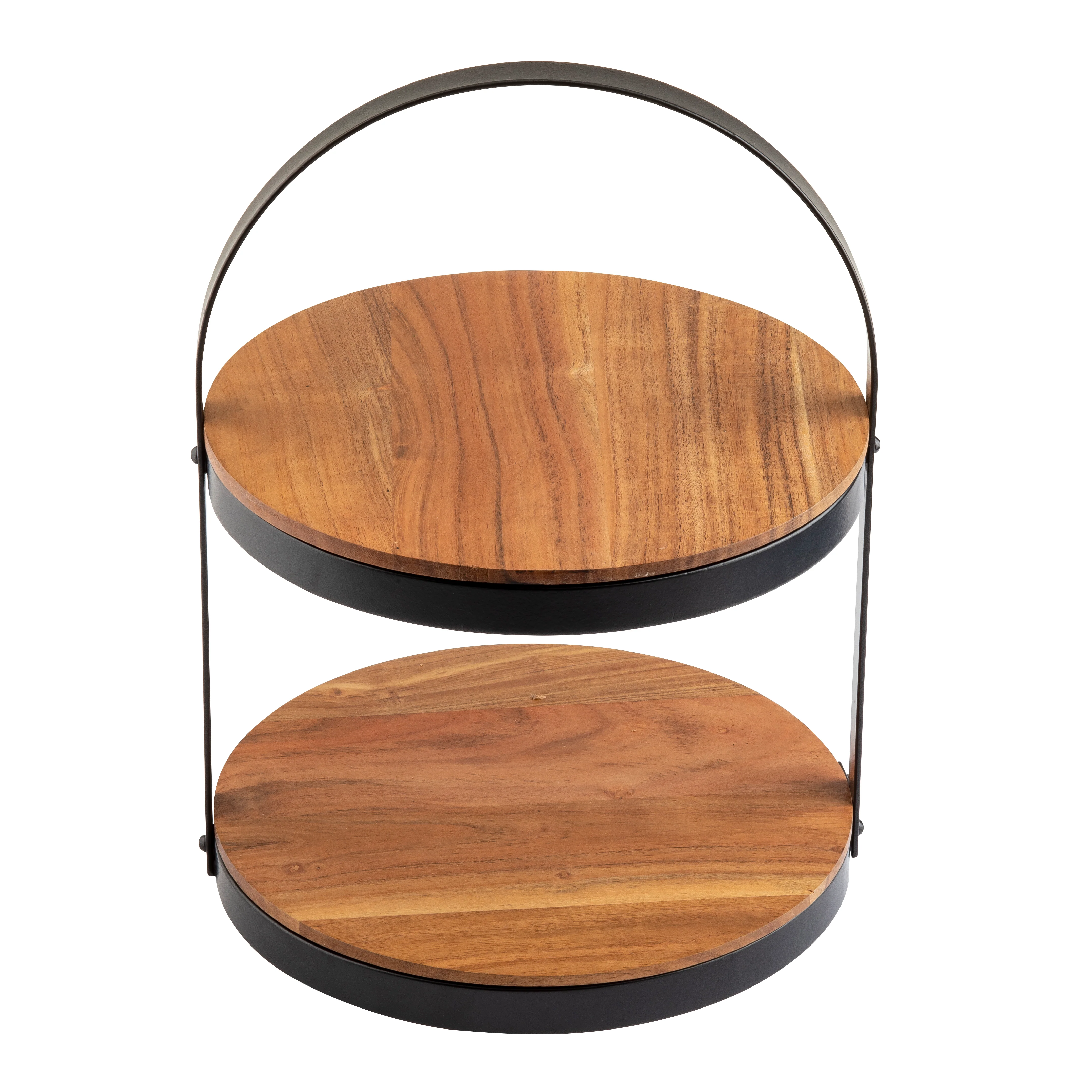 Tablecraft 10719 12 Inch Round Two-Tier Collapsible Display Stand Acacia Wood Black Powder Coated Metal Frame Tablecraft 10719 12 Inch Round Two-Tier Collapsible Display Stand Acacia Wood Black Powder Coated Metal Frame