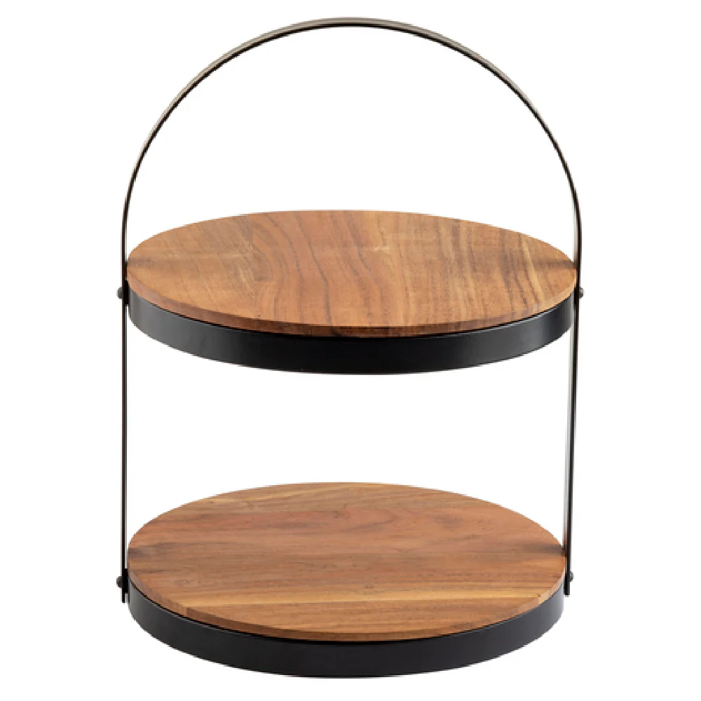 Tablecraft 10719 12 Inch Round Two-Tier Collapsible Display Stand Acacia Wood Black Powder Coated Metal Frame Tablecraft 10719 12 Inch Round Two-Tier Collapsible Display Stand Acacia Wood Black Powder Coated Metal Frame