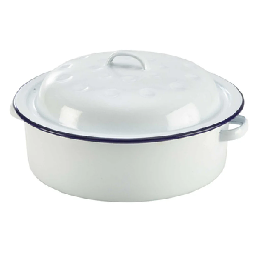Steelite GW60520 2.3 Qt Round Roaster with Lid Enamel White with Blue Rim