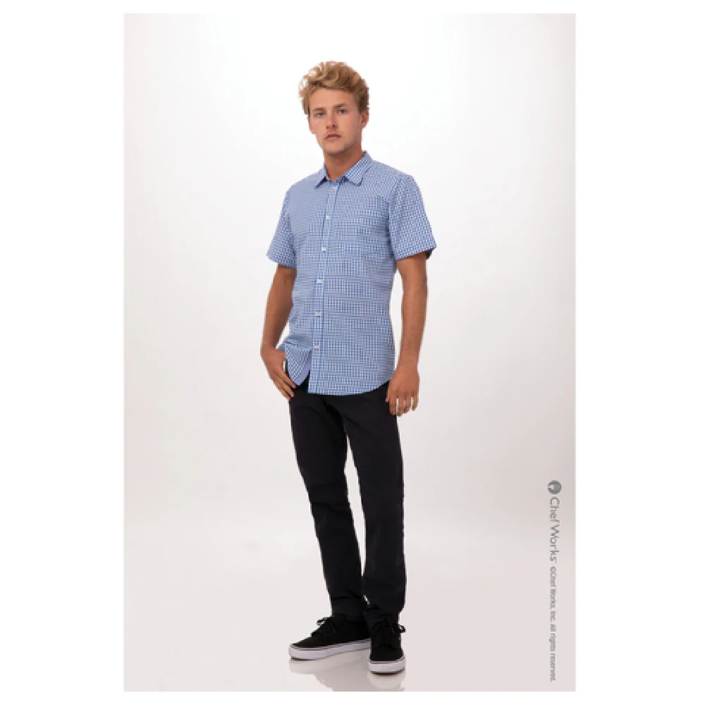 Chef Works SHC02-BLU-5XL Cook's Shirt Short Sleeve Button Front Blue Poly Cotton
