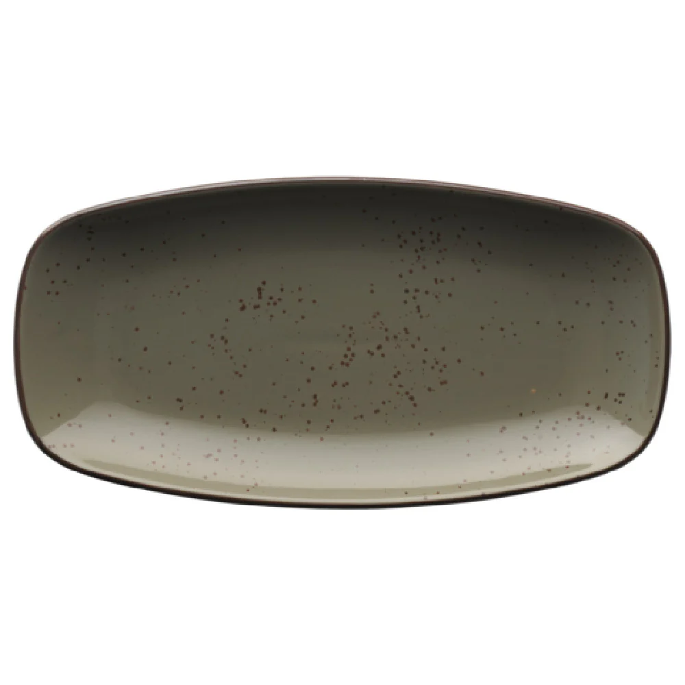 International Tableware SH-14-GS 13-3/4 Inch Platter Organic Rectangle Stoneware Green Smoke with Dark Brown Trim
